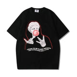 Street Portrait Print Short Sleeve T-shirt Men and Women Oversize Crew Neck Casual Summer Tees Loose Hip Hop Cotton T