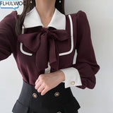 Women's Cute Bow Tie Tops Preppy Style Vintage Japan Korea Design Single Breasted Button Elegant Formal Red Black Shirts