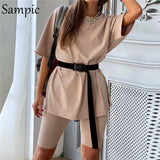 Fashion White Khaki Sexy Women Summer O Neck Short Sleeve Shirt Tops And Bodycon Shorts Bottom Suit Two Piece Sets