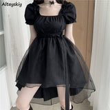 Mini Dresses Women Black Mesh Irregular Slim Square Collar Puff Sleeves Ruffles Korean Style Elegant Trendy Ulzzang