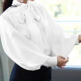 Satin Blouse WomenFashion Tunics Tops 2022 Autumn Elegant Bow Tie Lantern Sleeve Belted Shirt Casual Slik Party