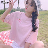 Sleeve T-shirts Women O-neck Fruits Embroidery Loose Fresh Lovely Students Crop Tops Female Pink Sweet New Ulzzang Daily-Outfit
