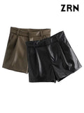ZRN-Women's Faux Leather Shorts with Side Pockets, High Waist, Zipper Fly, Female Short Pants, Chic Fashion-Outfit