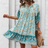 Bohemian Women Mini Dress Casual A-line Short Dress2022 Summer Floral Printed Half Sleeve Lace Up O Neck Party
