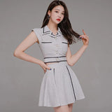 2 Pieces Outfits Women Clothing Temperament Retro Crop Tops Shirt Blouse High Waist Mini Skirt Lady Mujer Slim Short Sets-Outfit