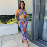 2021 Paisley Print Sleeveless Halter Sexy Top Maxi Dress Sets Backless Bodycon Sexy Party Elegant Club Y2K Robe