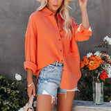 Spring Long Sleeve Casual Linen Cotton Women Blouse Elegant Turn-down Collar Buttons Shirt Office Lady Solid Pocket Loose