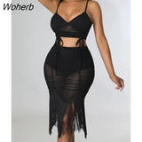 Women Two Piece Mesh See Through Dress Suits Spaghetti Strap Crop Top & Tassels Detail Bodycon Skirt Set-Outfit