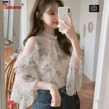 Off Shoulder Chic Tops Flare Sleeve Cute Sweet Girls Women Flhjlwoc Japanese Korea Style Floral Hollow Out Ruffled Top