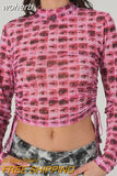 Graphic Print Green Mesh Sheer T-shirt Long Flare Sleeve Slim Crop Tops Sexy See Trough Women Tops Y2K Vintage Grunge-Outfit