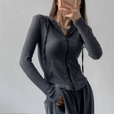 Street Style Zipper Up Slim Crop Tops Women Autumn New Thin Hooded Jacket Woman Korean Pocket Long Sleeve Shirt Mujer-Outfit