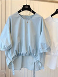 Puff Sleeve Doll Shirt Korean Solid Causal Asymmetrical Pleated Blouse Drawstring Women Oversize Loose Top Blusas Mujer 703-0-Outfit