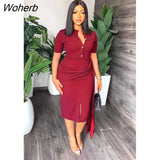 Fashion Elegant Bandage Dress African Women OL Solid Button Short Sleeve Slim Dress Women-Outfit