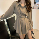 Woherb Suit Female Summer 2024 New Korean Version Long-Sleeved Shirt Dress High Waist Casual Shorts Two Sets-Outfit