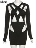 Kliou Sexy Hollow Out Mini Dress Women Solid Unique Design Long Sleeve Backless Body-Shaping Cleavage Hip Skirt Female