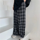 Women Casual Pants Plaid Loose Aesthetic Wide Leg Trousers Female Ins Fashion All-match Korean Style Elastic Waist Streetwear-Outfit