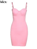 Kliou Solid Spahgetti Strap Mini Dress Women Sexy Camisole Body-Shaping Cleavage Hip Skirt Midnight Style Female Party Clubwear 1028-0-Outfit