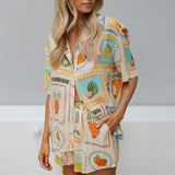 Women's Lounge Set Tropical Print Lapel Neck Short Sleeve Button Down Shirt Elastic Waist Shorts Summer Outfit-Outfit
