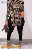 Of Two Fashion Pieces For Women Long Sleeve Slit Letter Print Top & Skinny Pants Set Daily Tracksuit FreteGratis-Outfit