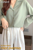 Korean Fashion Tunic for Women 2023 Summer Top Women Green Chiffon Blouse for Women Long Sleeve Shirts Office Clothes-Outfit