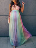 Elegant Tie Dye Mesh Sleeveless Maternity Long