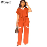 Fashion Casual Two Piece Set Women V Neck Short-sleeved T-shirt Elastic Straight Pants Two Piece Suit Women-Outfit