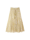 2023 Women Summer Skirts Fashion Print Elastic waist Belt Bow Pleated Mid-Calf Female Sweet Elegant Skirt Clothing-Outfit