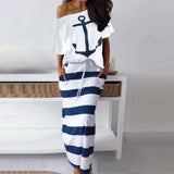 Two Piece Set Dress Hope Boat Anchor Print Off Shoulder T-Shirt Top Striped Skirt Sets Summer Casual 2 Piece Skirt