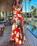 Hot Style Summer Sleeveless V-Neck Print Hem Slit Dress Woman-Outfit