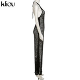 Kliou Mesh Stacked Maxi Dress See Through Sexy Women New Fashion Sleeveless Backless Spaghetti Strap Female Clubwear