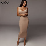 Kliou strap backless sexy bodycon midi long dress new women high waist cotton striped dresses elegant fashion party