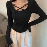 Woherb Girl Heart Machine Collarbone Show Thin Short Style Student Jacket Female 2024 Autumn Dress New Slim Pit Strip Long-Sleeved T-Shirt Female-Outfit