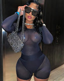 Sexy See Through Mesh Round Neck Long Sleeve Slim Bodysuit And Shorts 2 Piece Short Set 729-0-Outfit