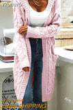 Women Sweater Mid-Length Women'S Overcoat Cardigan Solid Color Hooded Twisted Knitted Open Loose Sweaters-Outfit