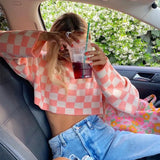 Autumn Plaid Print Y2K Sweaters Streetwear Vintage Crop Loose Pullovers Fashion Retro Knit Cute Outfits