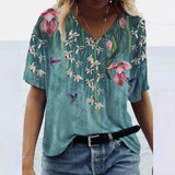 3D Floral Print T-shirts Women Fashion Short Sleeve Loose Tops Casual V-neck High Street Tee Plus Size Top