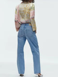 2023 Women Summer Blouses Shirts Tops Fashion Patchwork Print Single Breasted Satin Female Casual Elegant Tops Clothing-Outfit