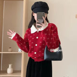 Woherb Winter 2024 New Sweet Fashion Hook Flower Lapel Long Sleeve Sweater Female Loose And Versatile Reduce Age Lace Sweater-Outfit