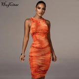 2020 Sleeveless Tie Dye Ruched Skinny Midi Dress Autumn Winter Women Fashion Sexy Party Club Elegant