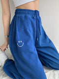 sweet hot girl style blue embroidered pattern sweatpants women 2022 spring loose high waist jogging summer sweatpants