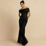 Women's Autumn New Word-On-A-Shoulder Perspective Sexy Lace Open-Fork Body-Body-To-Ssing Dress