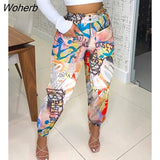 Women Newspaper Print Zipper Design High Waist Pants 2022 Femme Casual Shirring Detail Trousers Lady Outfits Traf-Outfit