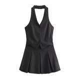 New Hanging Neck Bows Decorated Solid Color Top