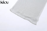 Kliou Knitted Dress Women Sexy See Through X-Long Hoody Tops+One Shoulder Drawstring Ruched Robe Skirt Hipster Future