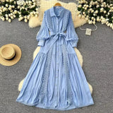 Elegant Dress Women Autumn Fasting Small High-Grade Lace Splicing Single Buckle Waist Over Knee