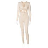 White Long Sleeve Sexy Rompers Women Jumpsuit Casual Hollow Out Lace Up Bodycon Jumpsuits 2022 Femme Workout