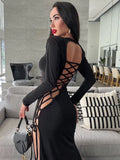 2021 Women Autumn Winter Long Sleeve Bandage Lace Up Backless Stretchy Black Fashion Hollow Out Sexy Party Club Dress-Outfit