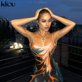 Kliou Aesthetic Print Camis Maxi Dress Women Loose Sleeveless V-Neck Cleavage Backless Casual Silky Sexy Party Midnight