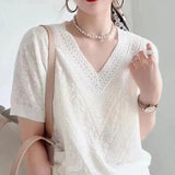 Goods Design Sense V-Neck Knitted T-Shirt Girl 2025 Spring And Summer New Loose Fashion Thin Short-Sleeved