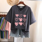 100% Cotton L-6XL T Shirt Plus Size Tshirt Short Sleeve Women Top Summer Heart Print Sweet V Neck Oversized T Shirts-Outfit